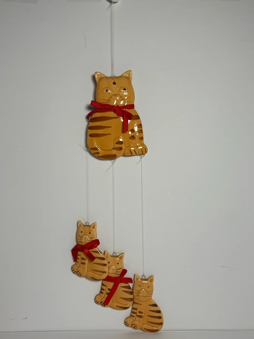 1980s Vintage Cat Family Hand-Painted Ceramic Wind Chime ft.4 Tabby Cats (flaw)